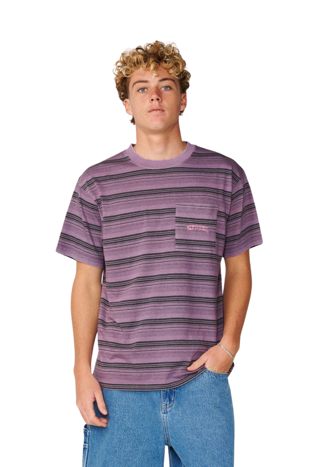 Person wearing a Rip Curl striped purple t-shirt with a chest pocket