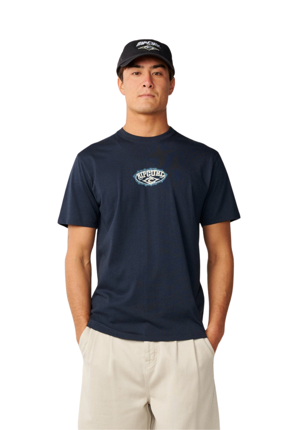 Navy Rip Curl T-shirt with an oval Rip Curl graphic logo print on the chest