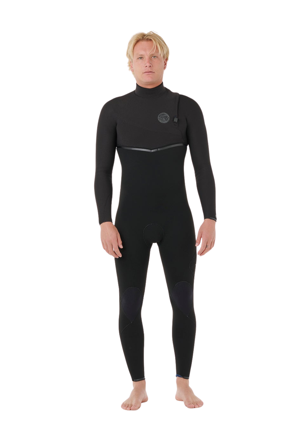 Person wearing a black wetsuit on a white background