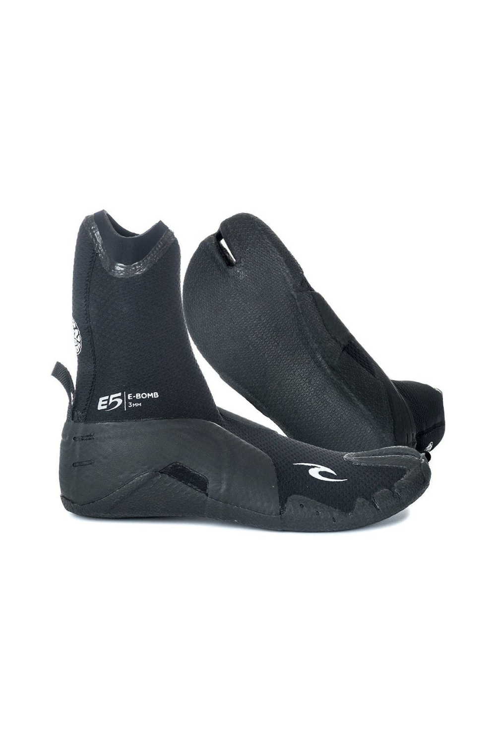 Pair of black wetsuit boots on a white background