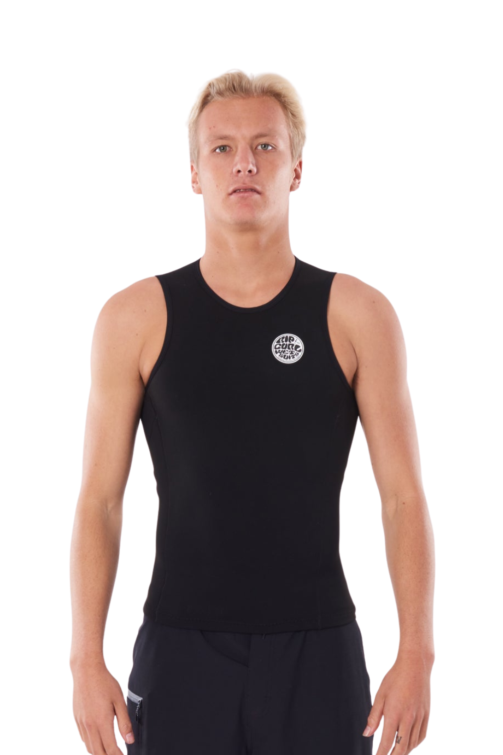 Man wearing a black sleeveless wetsuit vest with a logo on a white background
