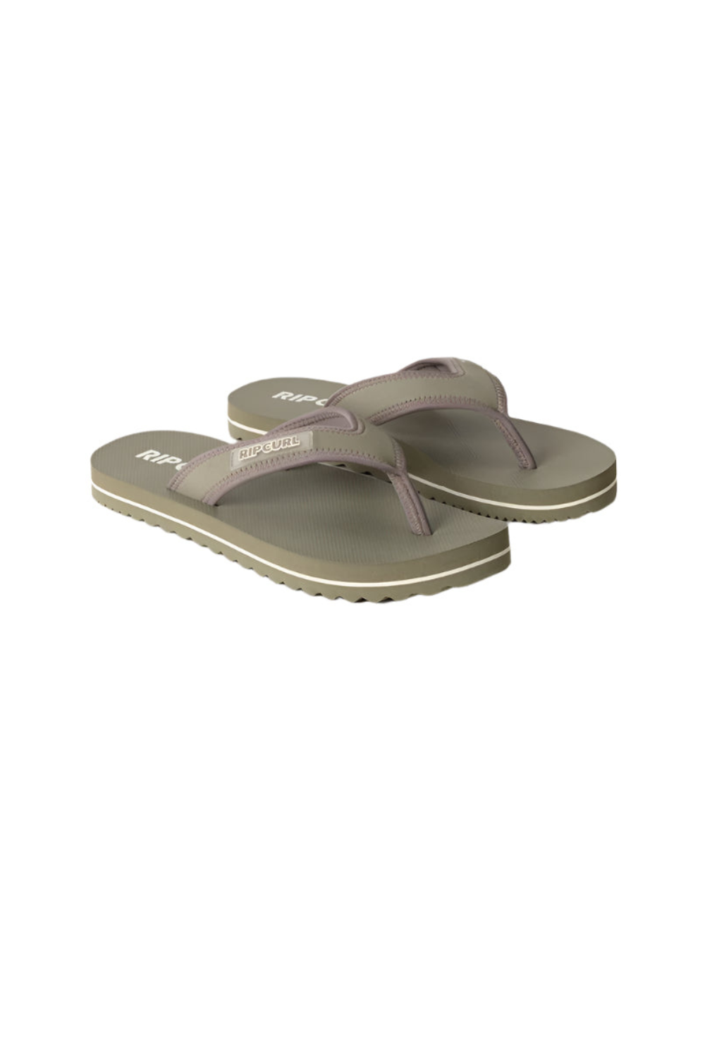 Pair of olive greenRip Curl flip-flops on a white background
