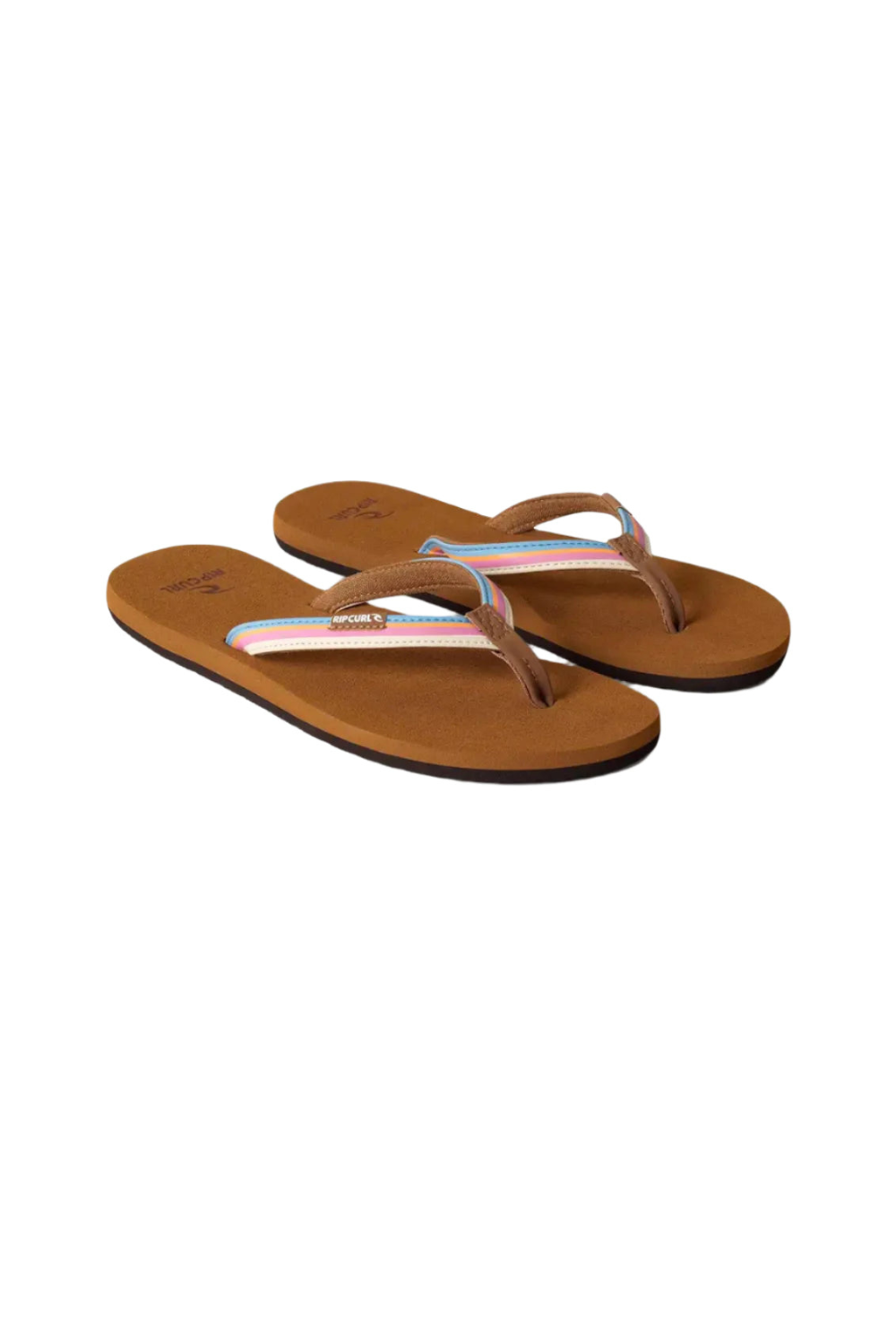 Pair of brown Rip Curl flip-flops with a colorful strap on a white background