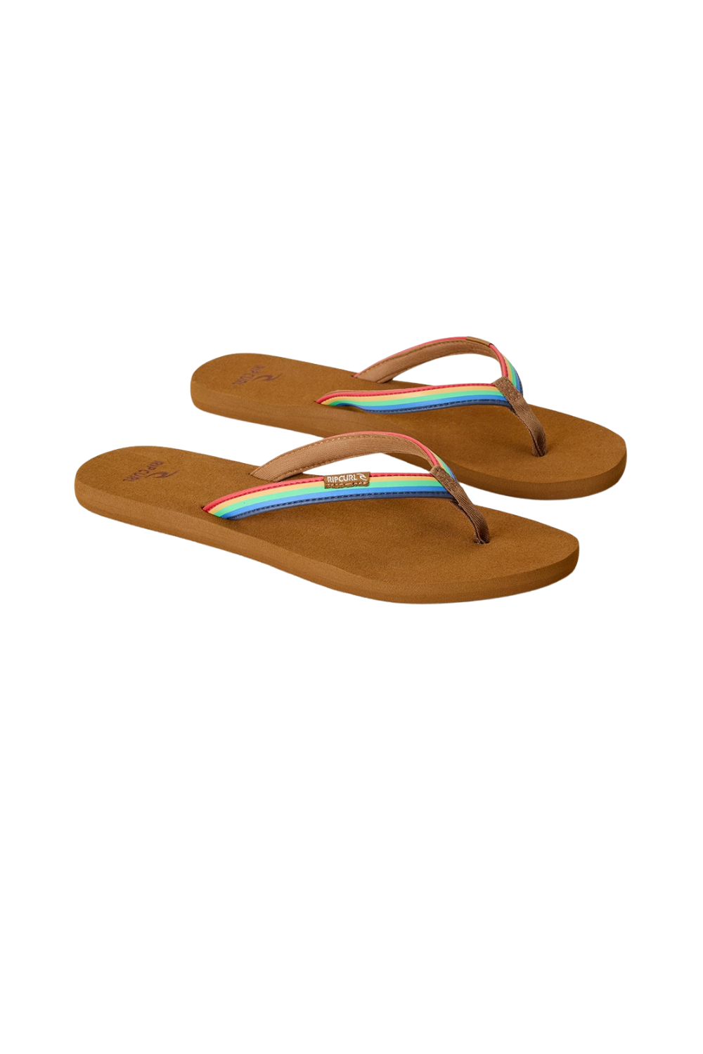 Brown flip-flops with rainbow straps on a white background