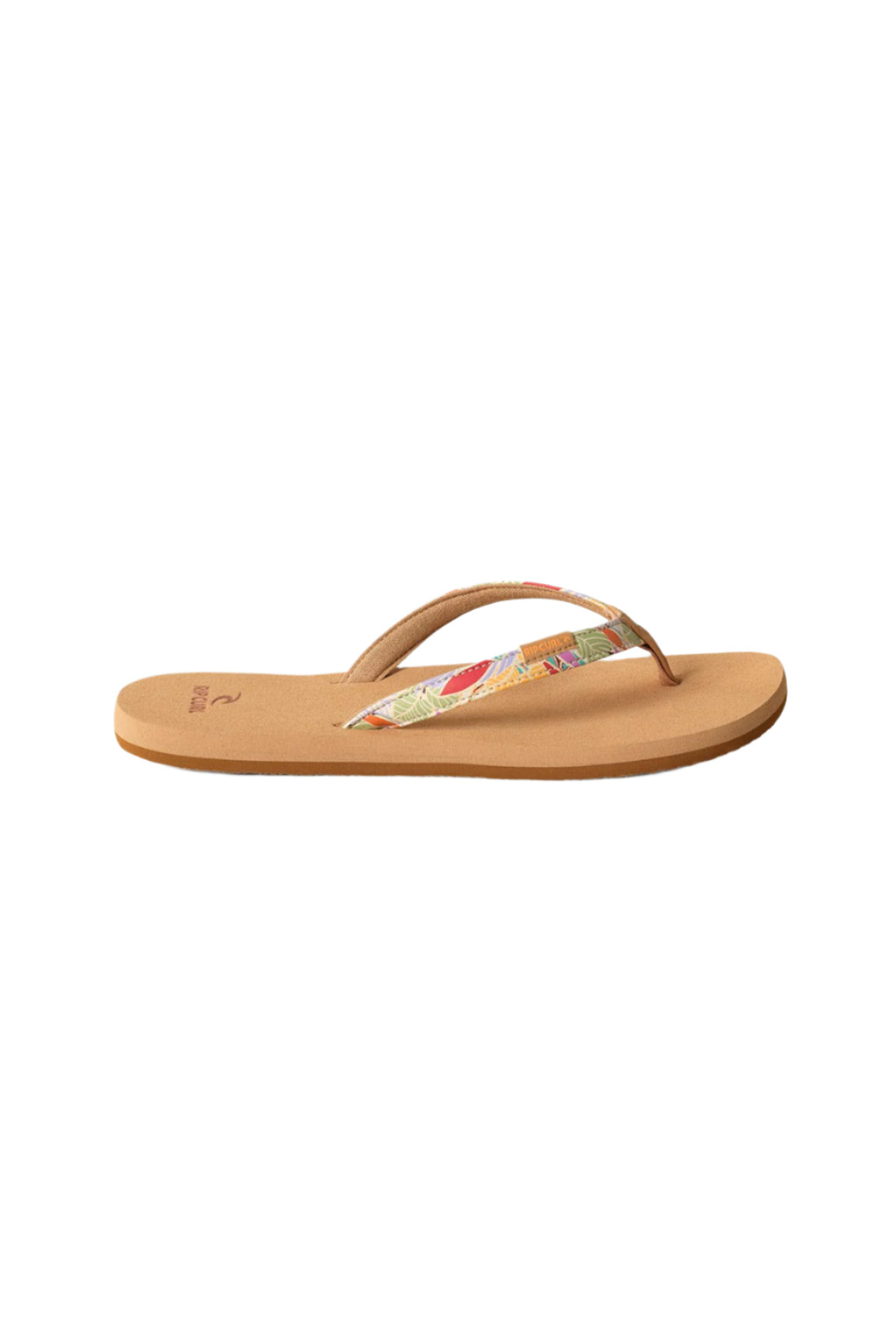 Tan flip flop with a colorful strap on a white background
