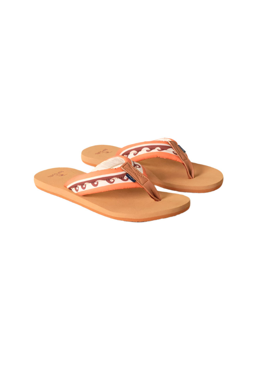 Pair of orange Rip Curl flip-flops on a white background
