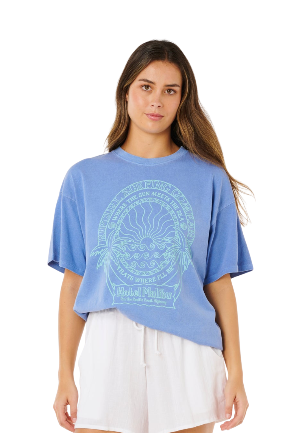 Woman wearing a blue t-shirt with a graphic design on a white background