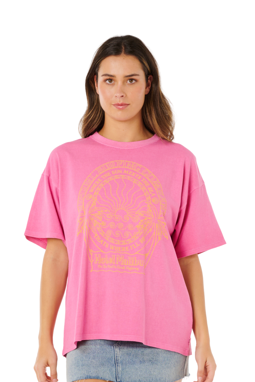 Person wearing a pink t-shirt with graphic print in orange 