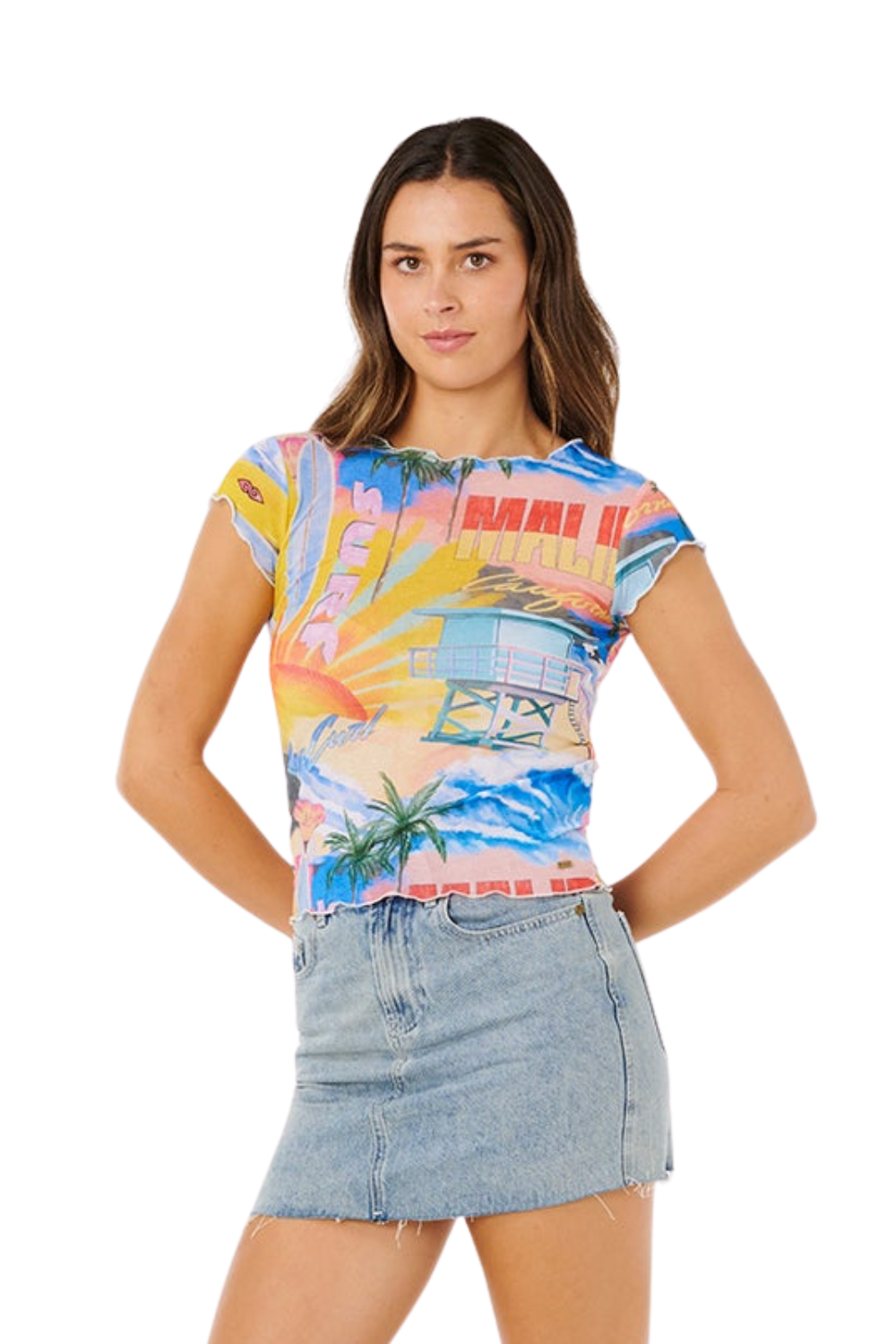 Woman wearing a multicoloured top and jeans skirt