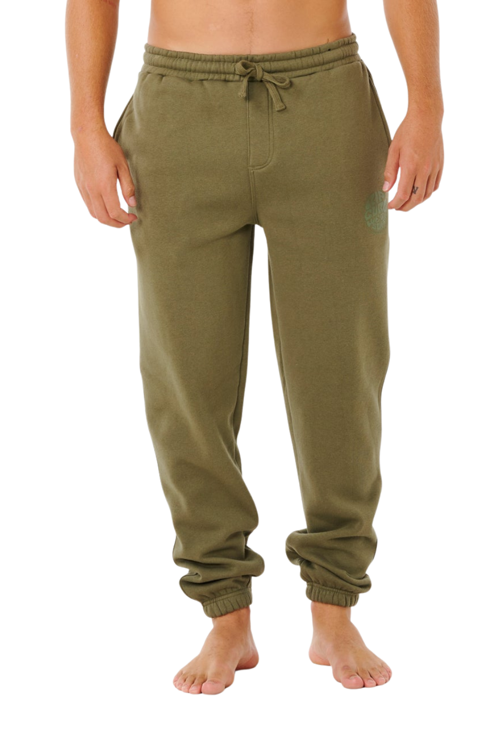 Olive green sweatpants worn by a person on a white background