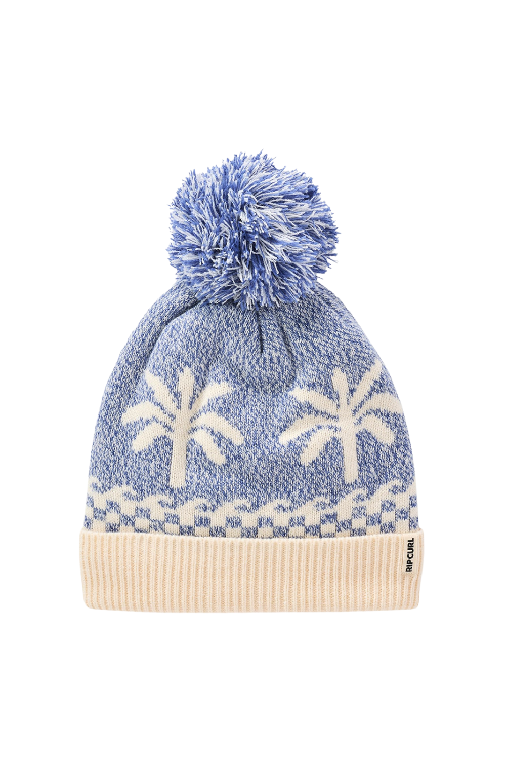 A blue and cream knit beanie hat with a matching blue and cream pom-pom. The knit pattern features palm tree motifs and a geometric wave design, with a solid cream ribbed cuff.