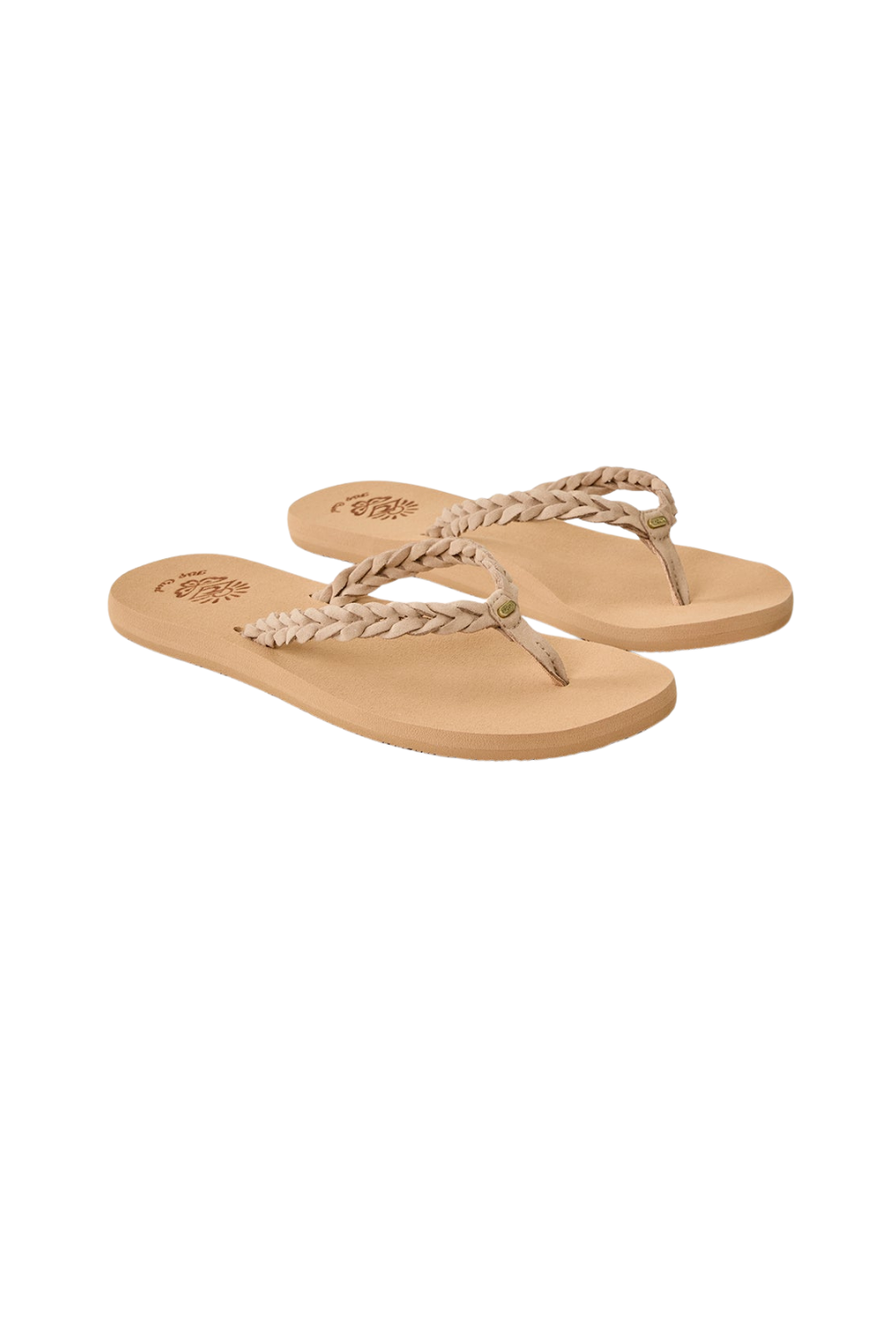 Pair of beige flip-flops with braided design on a white background