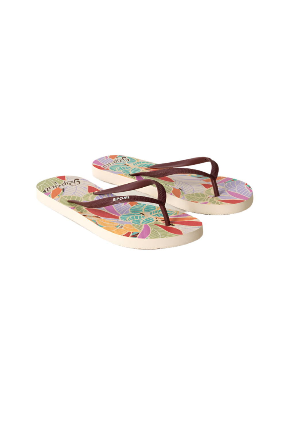 Pair of Rip Curl flip-flops with colorful sole design on a white background