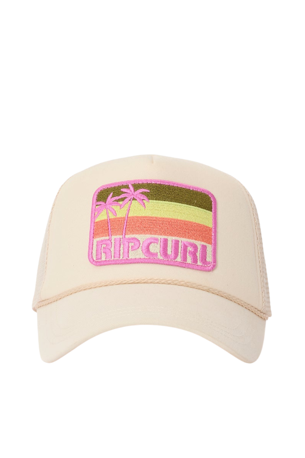 beige trucker cap with a multicoloured rip curl logo on the front