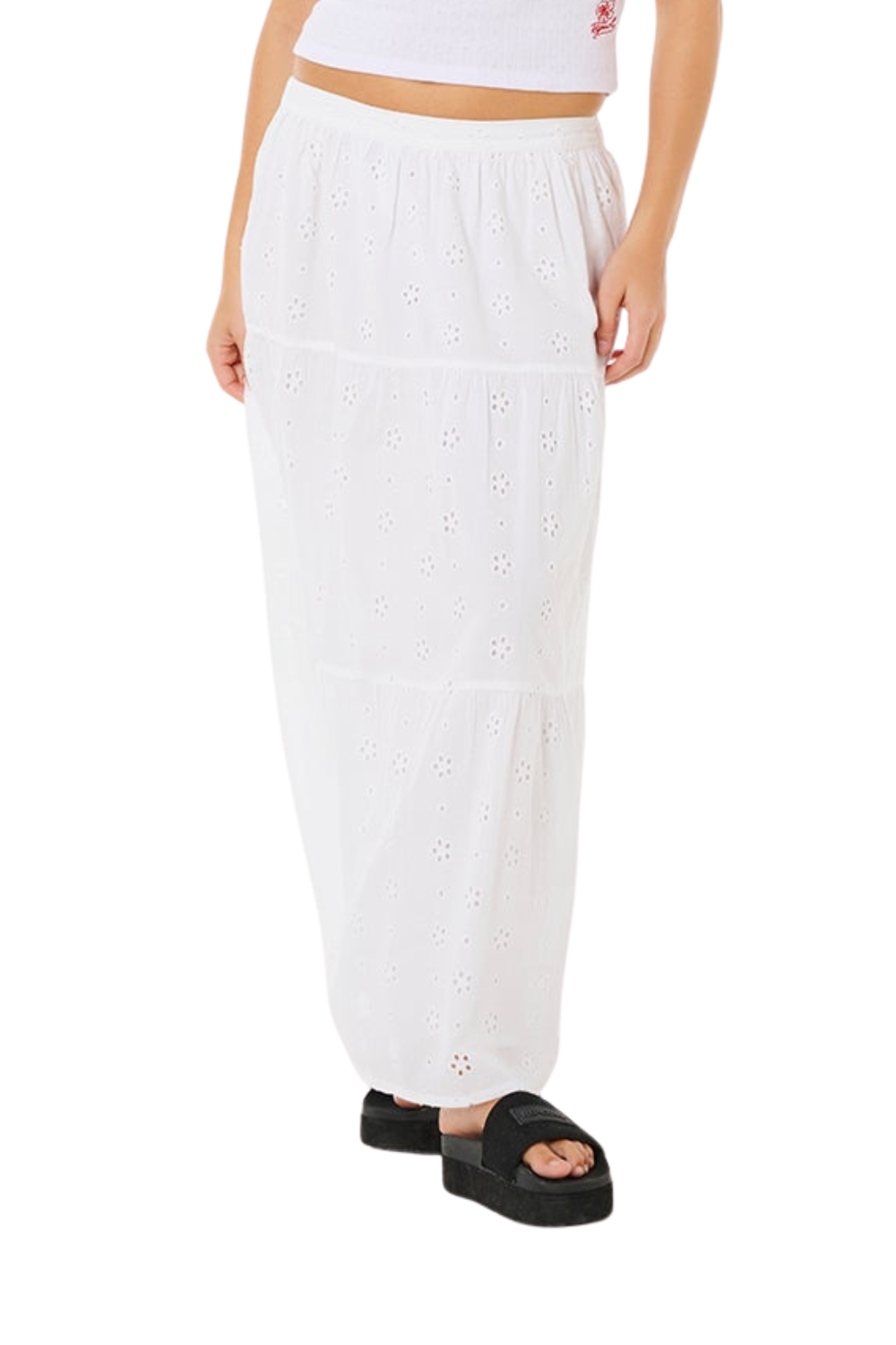 White maxi skirt worn by a person on a white background