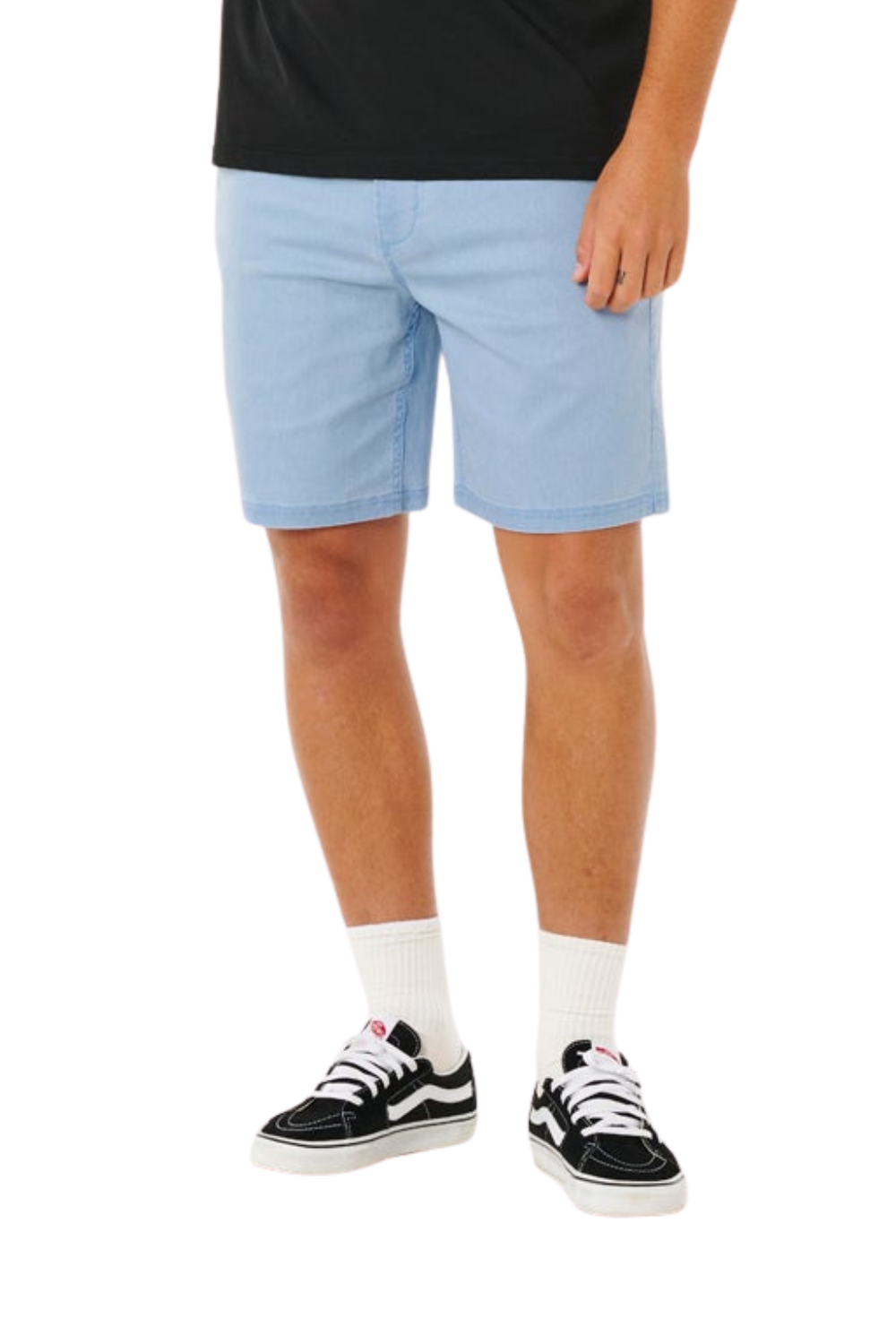 Person wearing light blue shorts and black sneakers on a white background