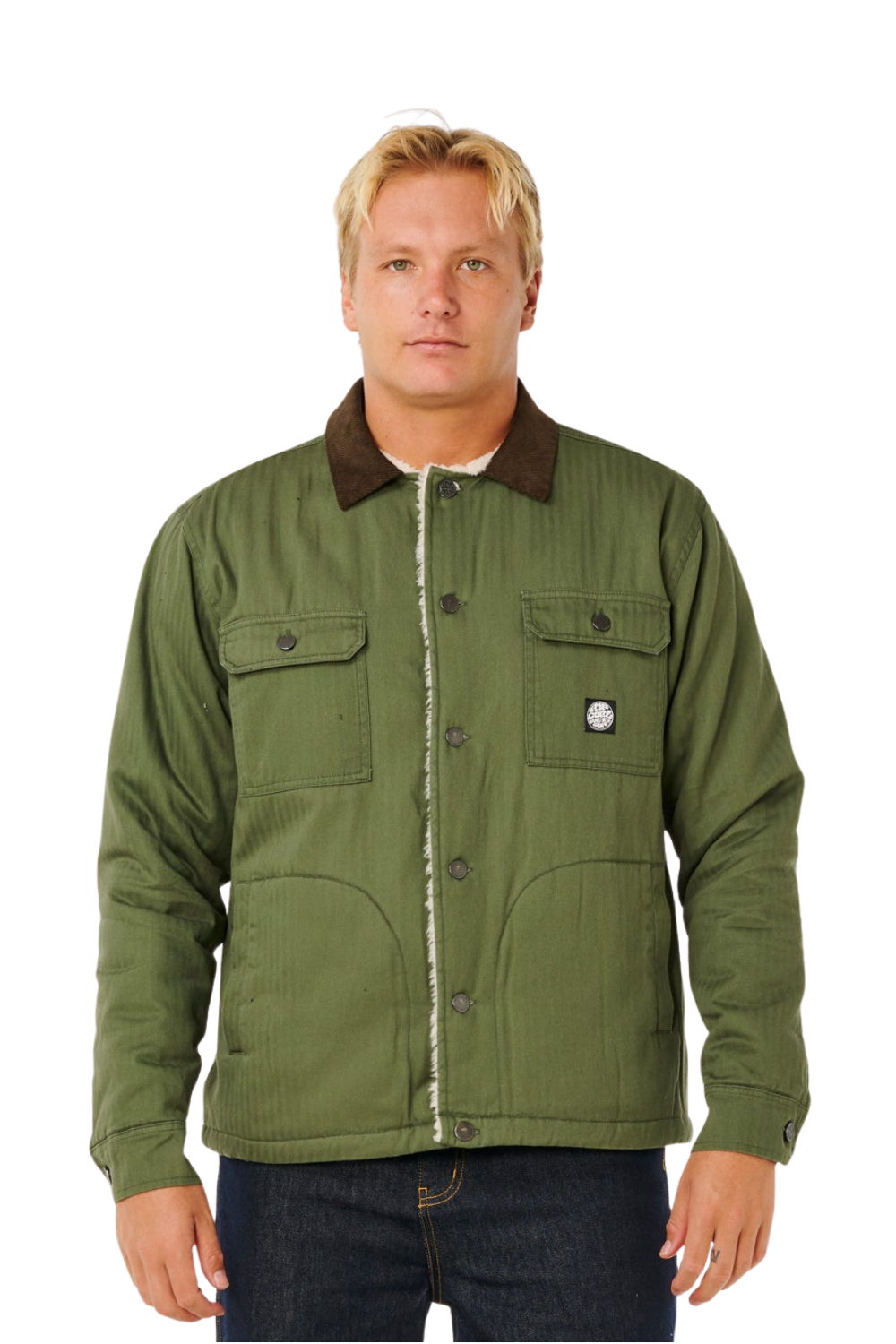 Man wearing a green jacket with a brown collar on a white background