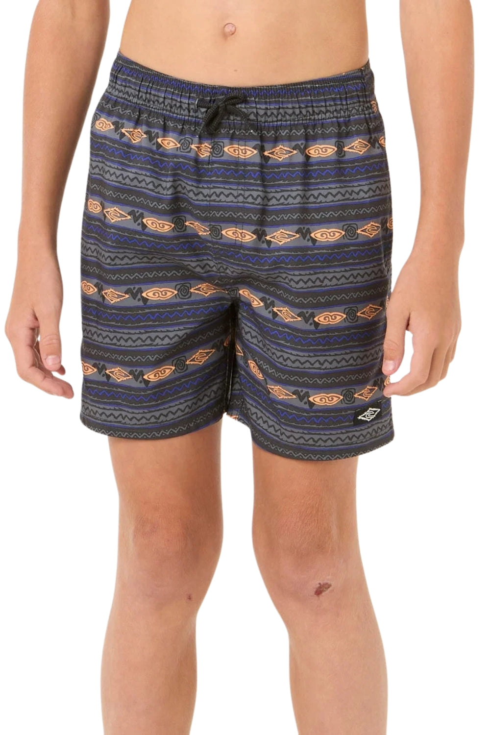 A person wearing patterned athletic shorts with horizontal stripes in blue, black, and tan, shown from the waist to mid-thigh against a plain white background.