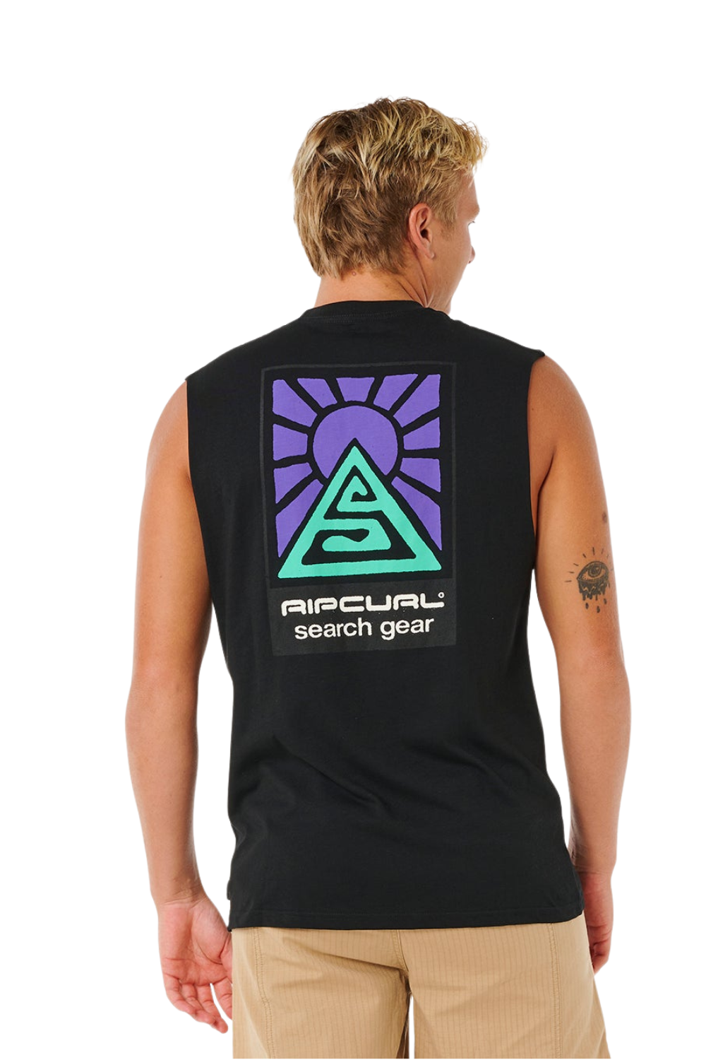 Person wearing a black sleeveless shirt with a logo on the back, standing against a white background