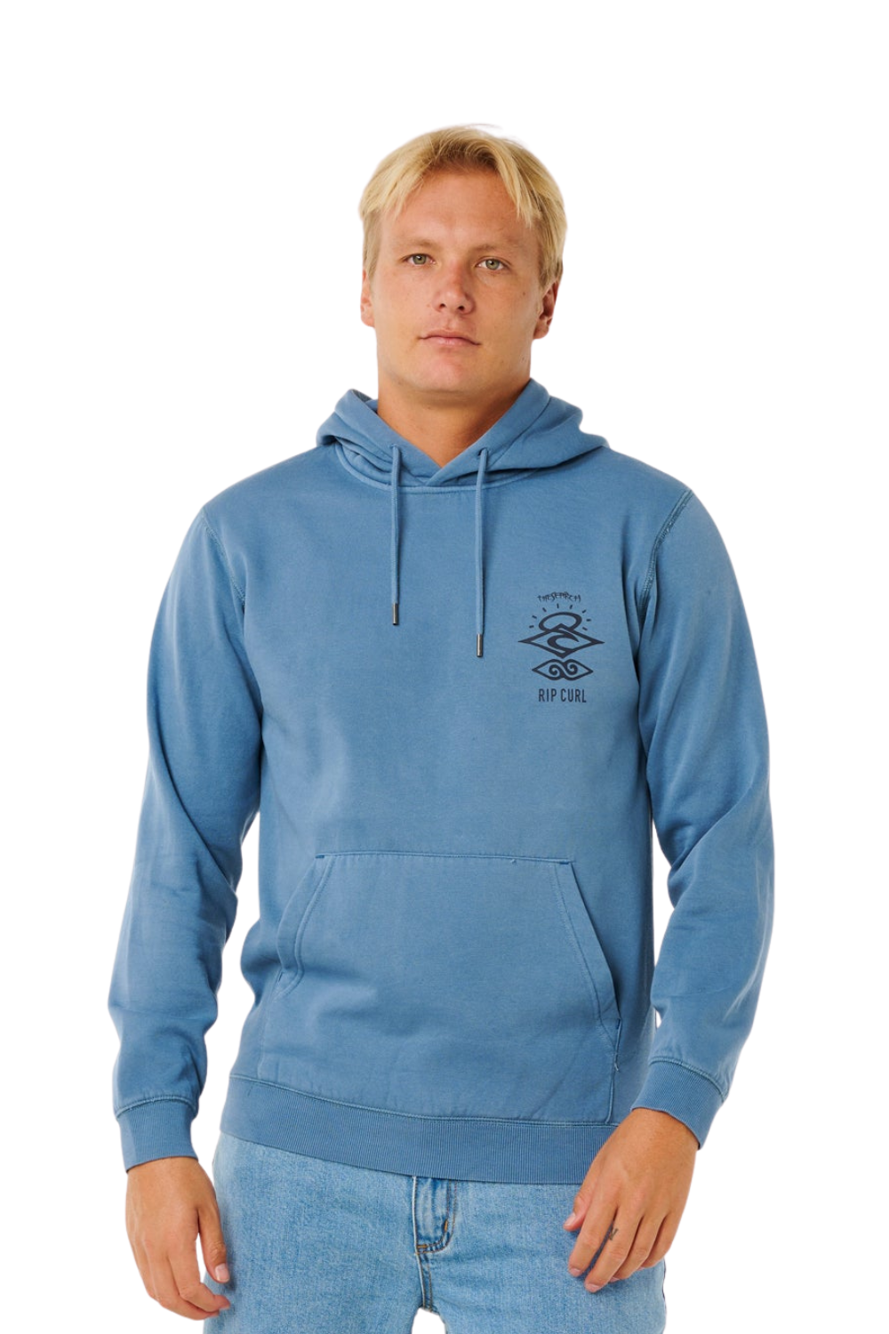 Person wearing a blue hoodie with chest print logo