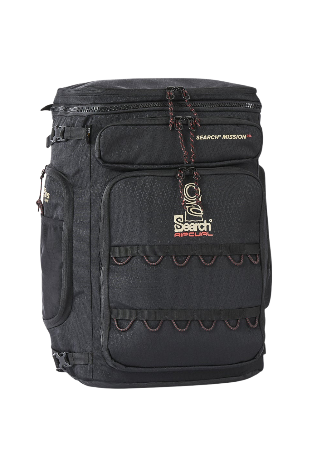 A black Rip Curl Search Mission waterproof backpack shown from the front against a plain white background.