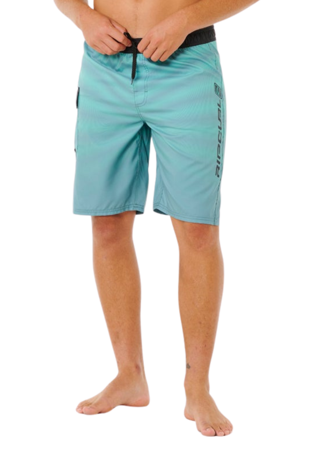 Person wearing light blue board shorts on a white background
