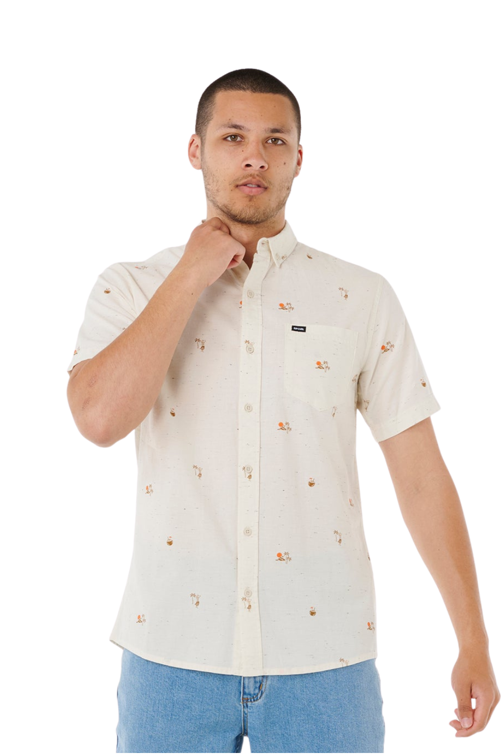 Man wearing a patterned beige shirt on a white background