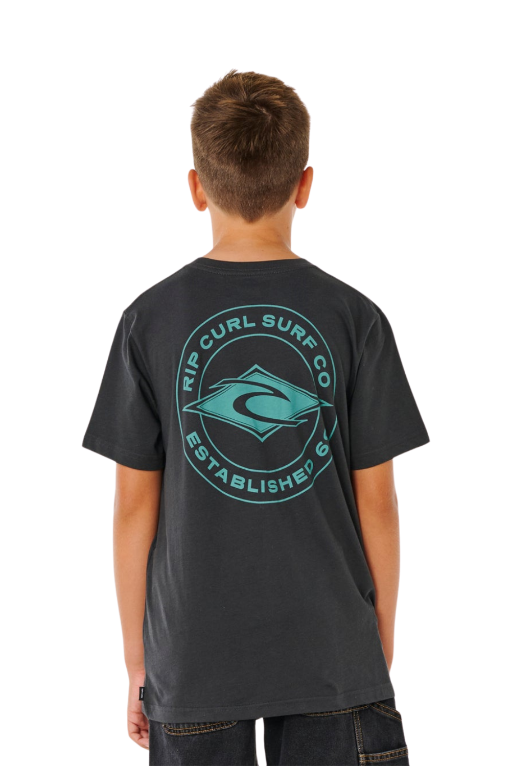 Boy wearing a black t-shirt with a blue logo on the back, on a white background