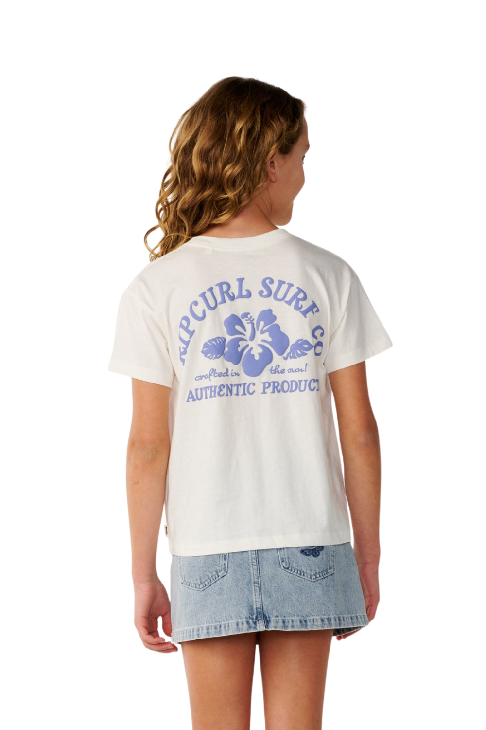 A girl viewed from the back wearing a white t-shirt with a blue 'Rip Curl Surf' graphic and denim shorts, set against a plain white background.
