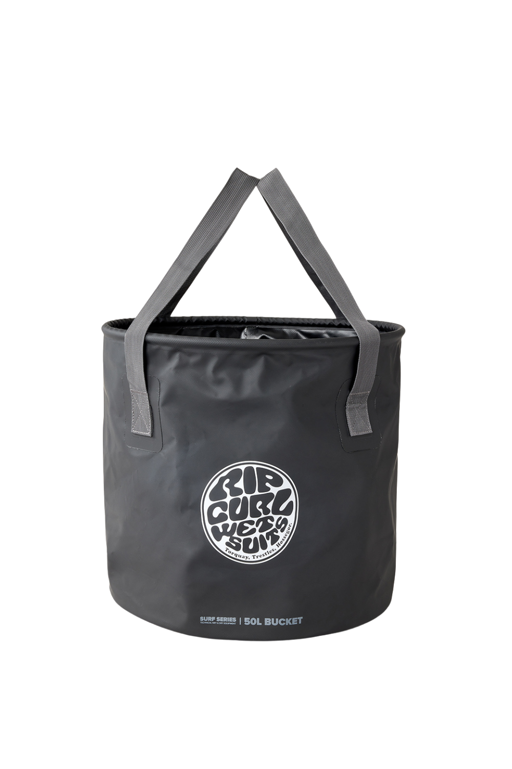 A black cylindrical bucket wetsuit bag with gray shoulder straps and a white circular 'Rip Curl' logo on the front, set against a plain white background.