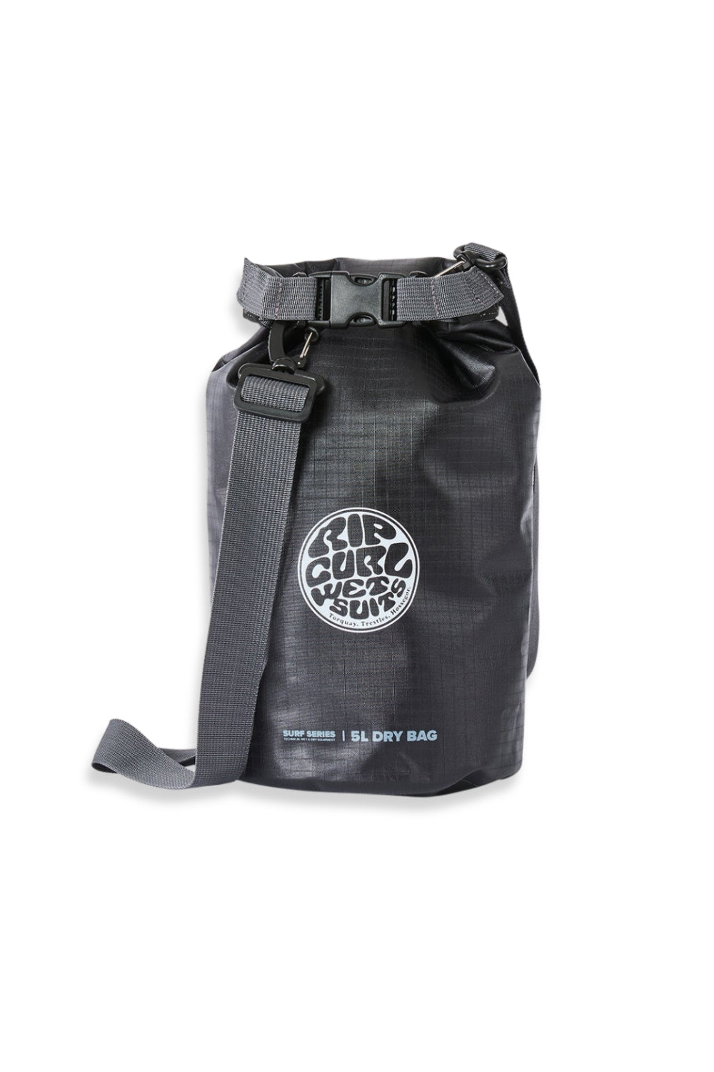 A black dry bag with a roll-top closure, featuring a white circular 'Rip Curl We're Sun' logo on the front and a gray shoulder strap, shown against a plain white background.