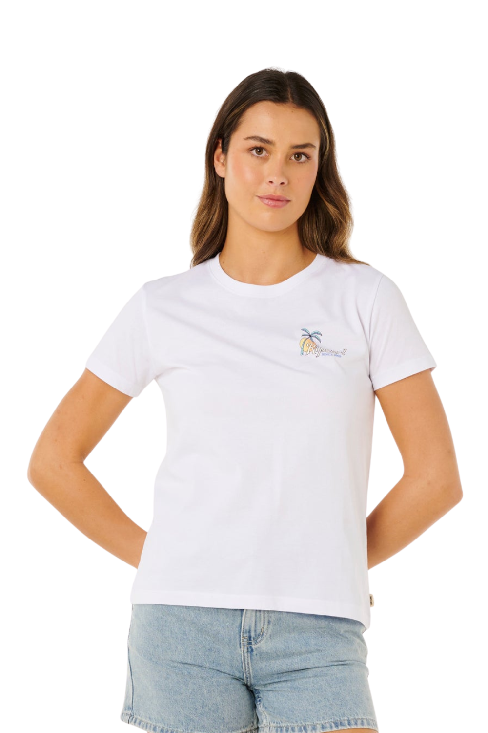 Woman wearing a white t-shirt with a small logo on a white background