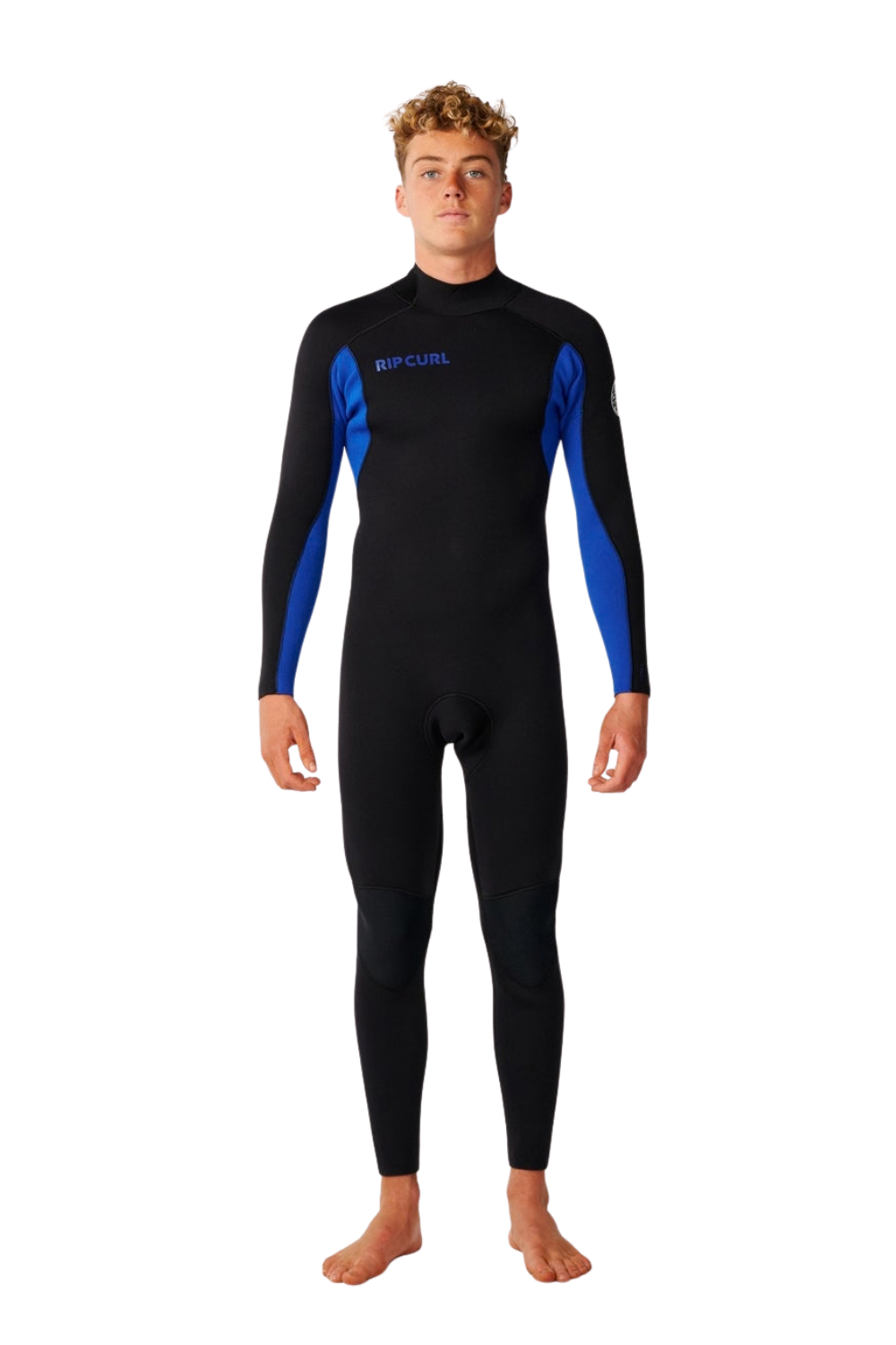 A man wearing a black full-body wetsuit with blue side panels and a blue 'RIP CURL' logo on the chest, standing against a plain white background.