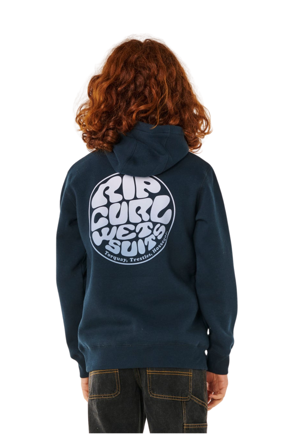 Person wearing a navy hoodie with Rip Curl logo on the back, standing against a white background