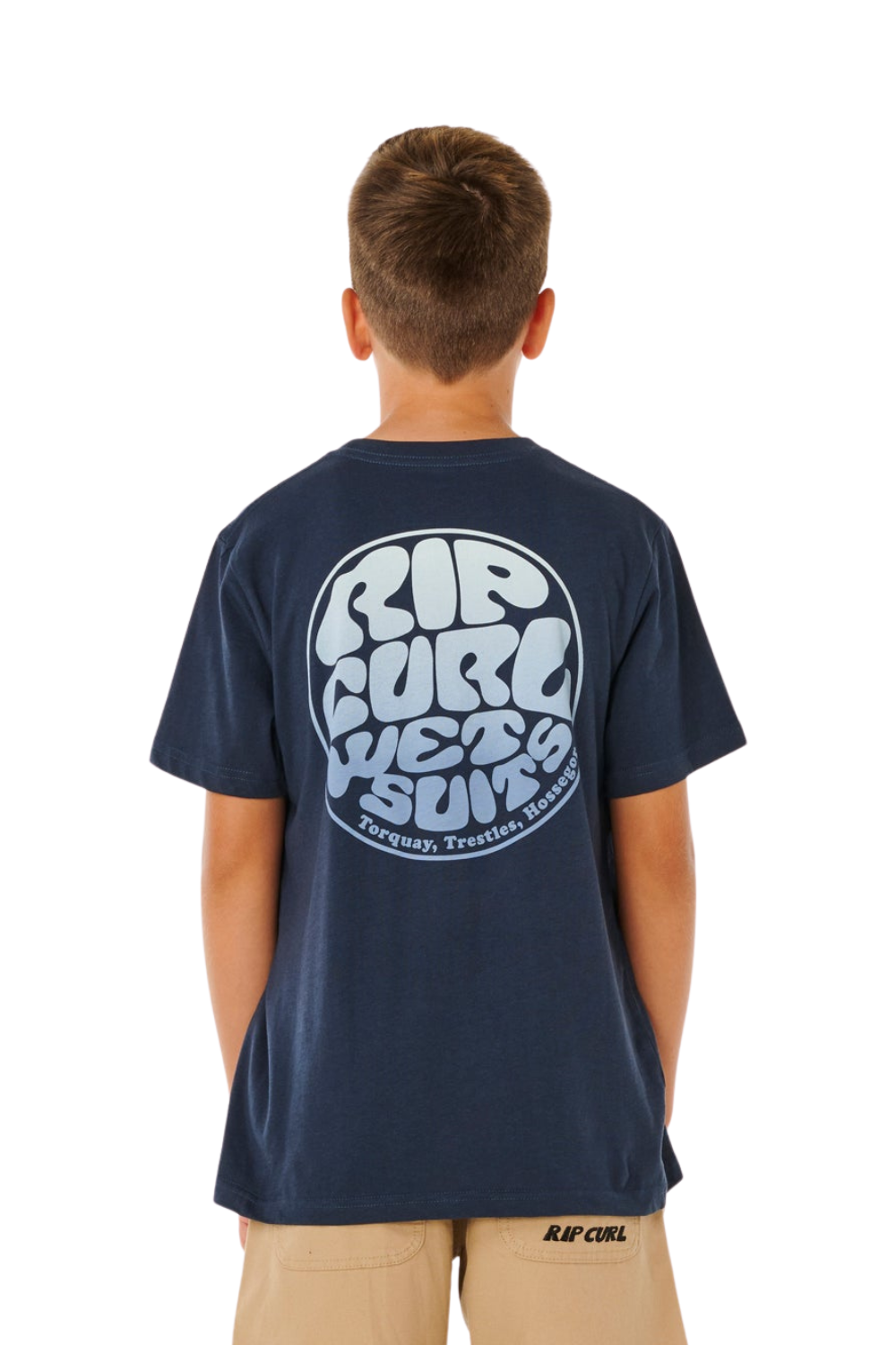 Person wearing a navy blue Rip Curl t-shirt with branding on the back