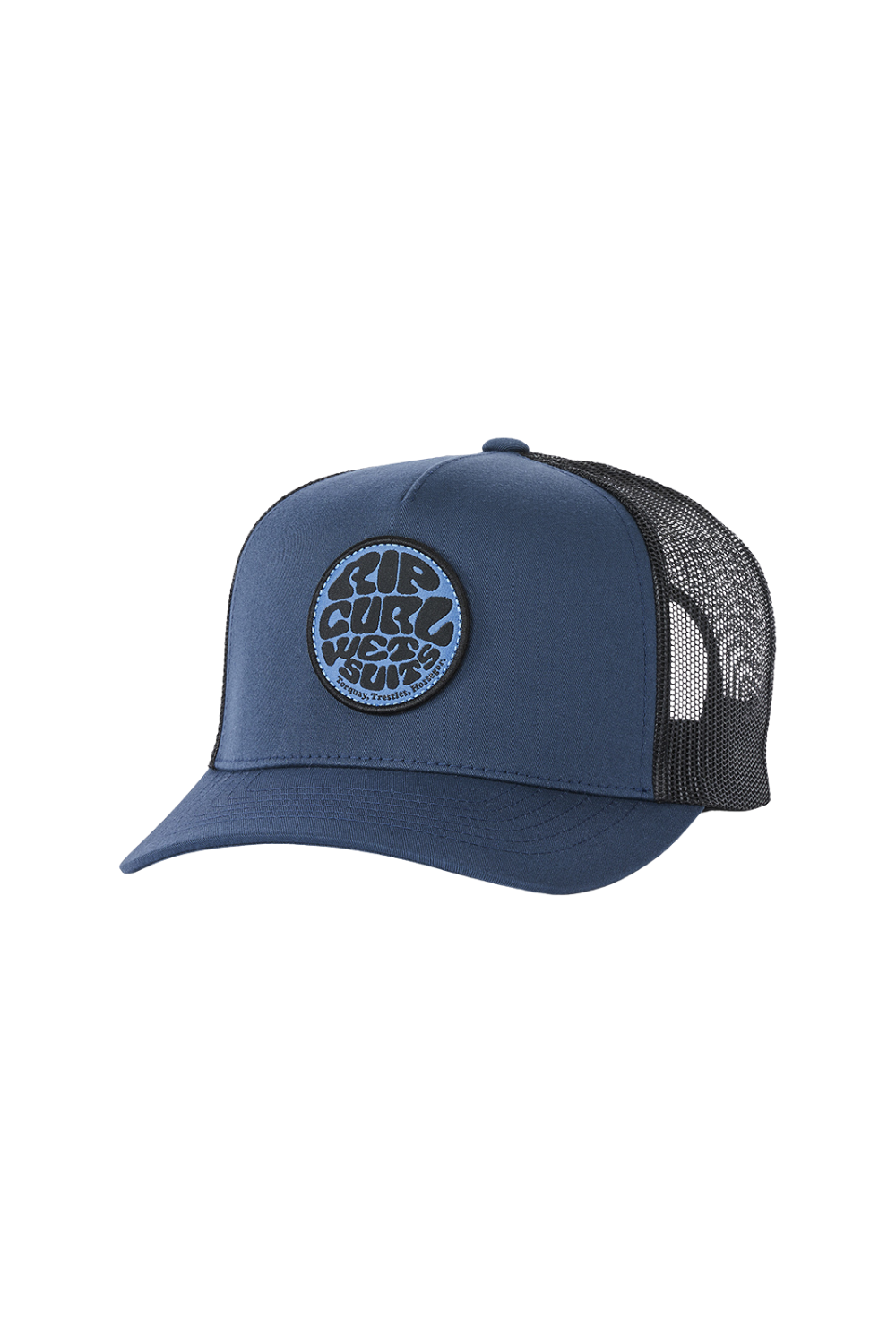 A navy trucker hat with a black mesh back and a circular embroidered patch on the front that reads 'RIP CURL WETSUITS'.