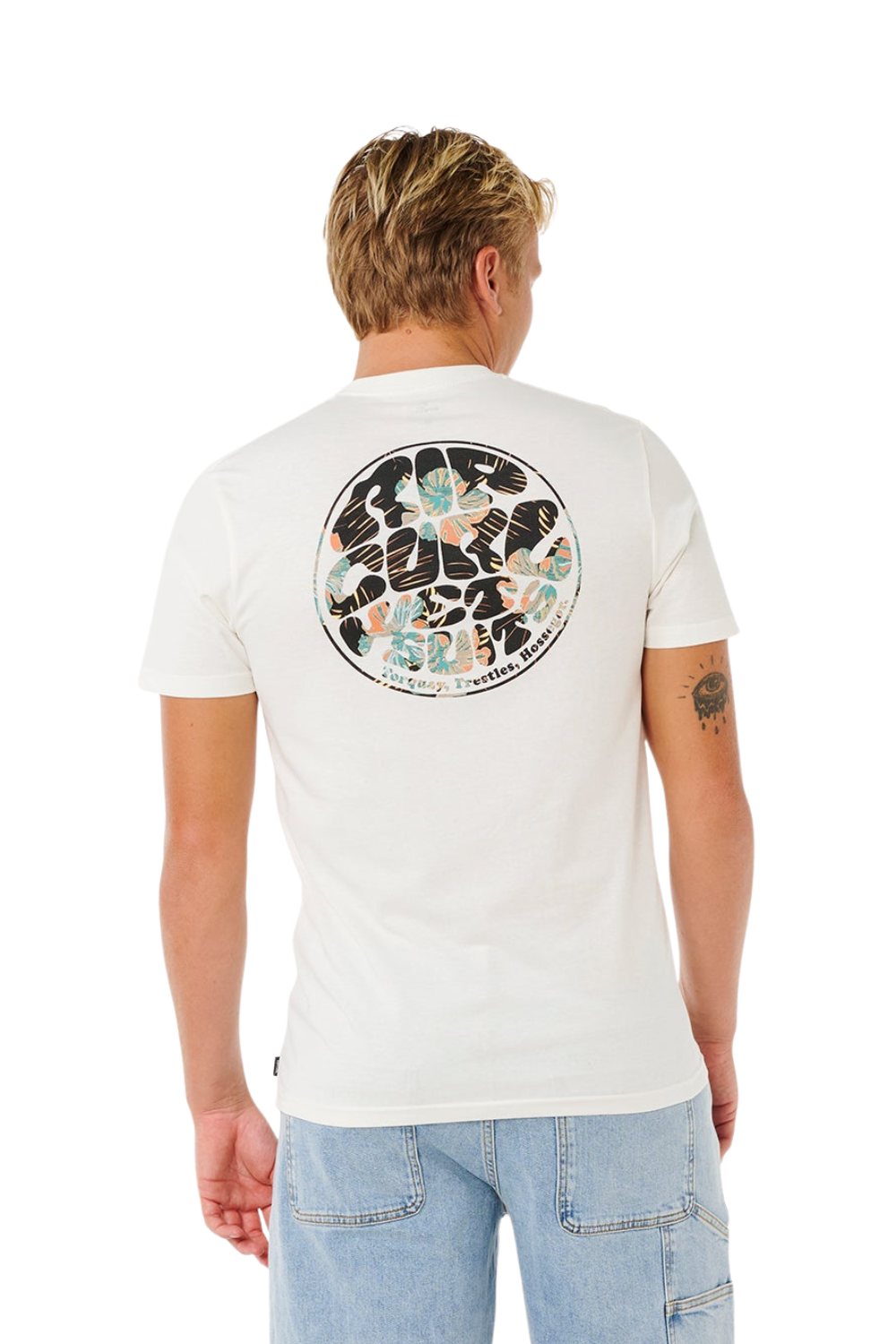 Person wearing a white t-shirt with a colorful graphic on the back, standing against a white background.