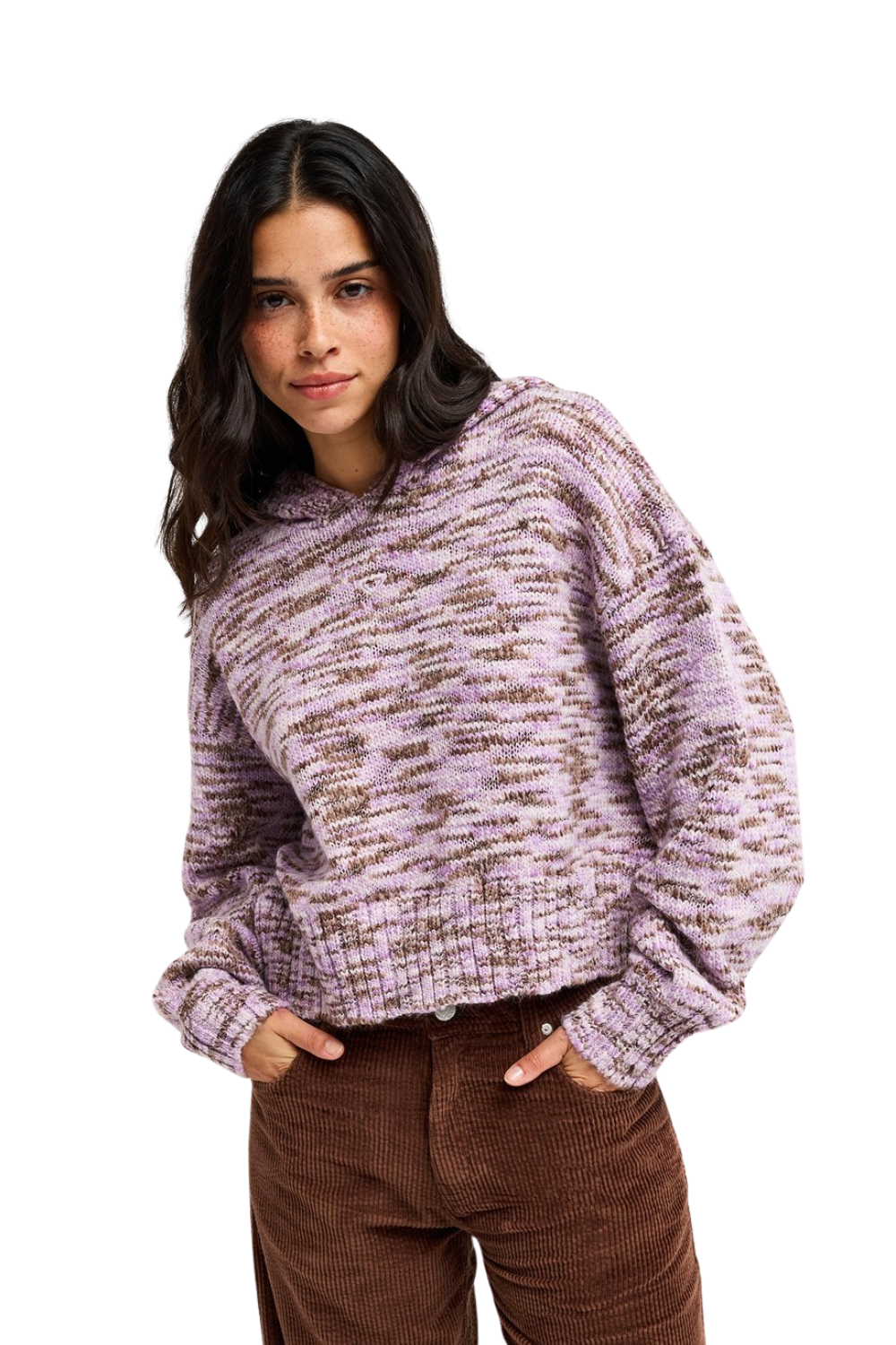 A woman modeling a fuzzy, marled Roxy knit sweater in a light lavender-purple and brown colorway, paired with brown corduroy pants, against a solid white background.
