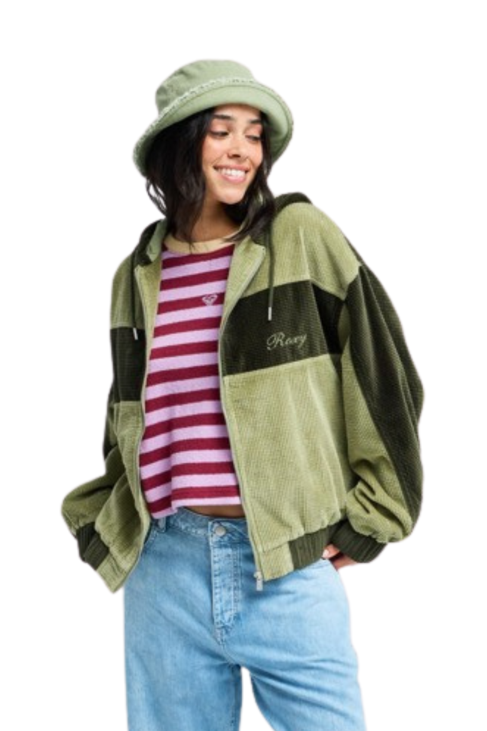 A woman wearing a green corduroy hooded Roxy jacket with dark green panels, a matching green bucket hat, a red and white striped t-shirt, and light blue jeans, set against a plain white background.