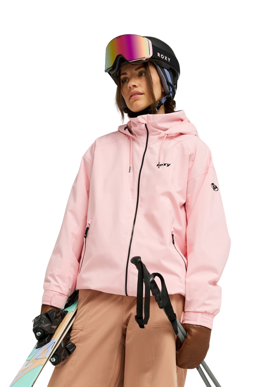 A model wearing a light pink hooded Roxy Ski jacket standing against a white background