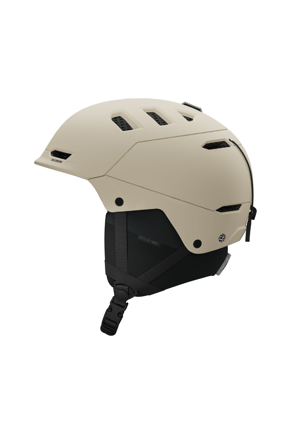 Beige helmet with black accents on a white background