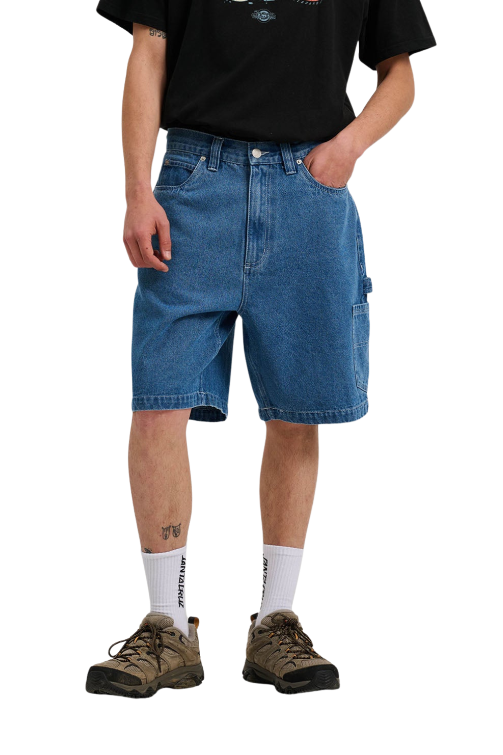 Person wearing blue denim shorts on a white background