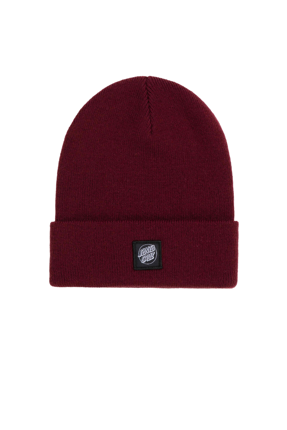 Burgundy beanie with a Santa Cruz label on the front shown on a white background