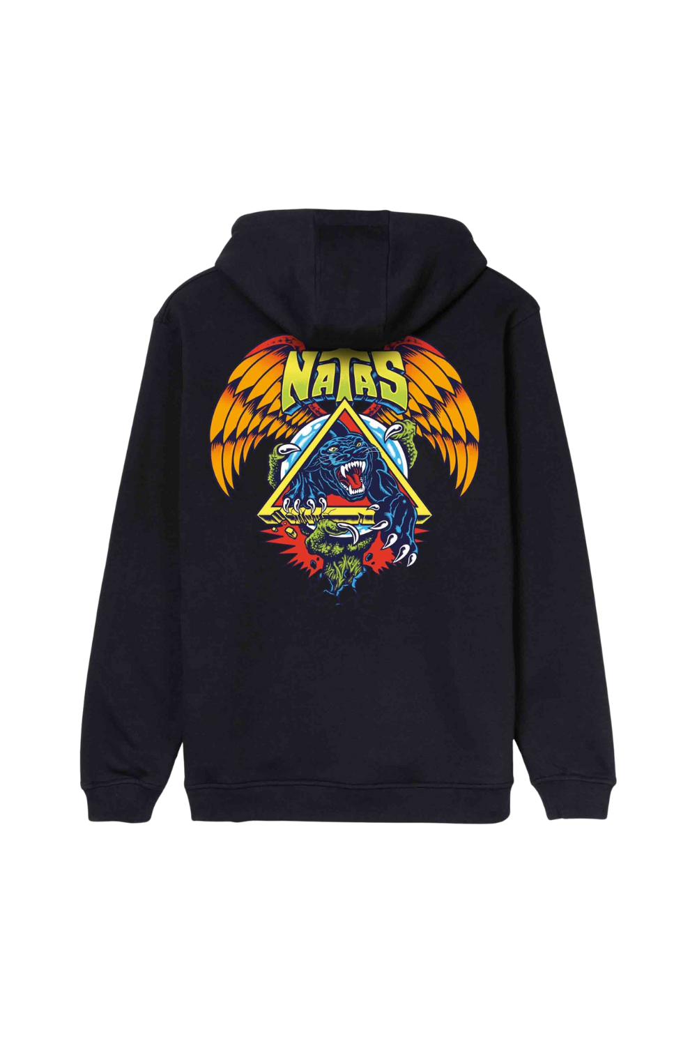 Black hoodie with colorful graphic design on the back against a white background