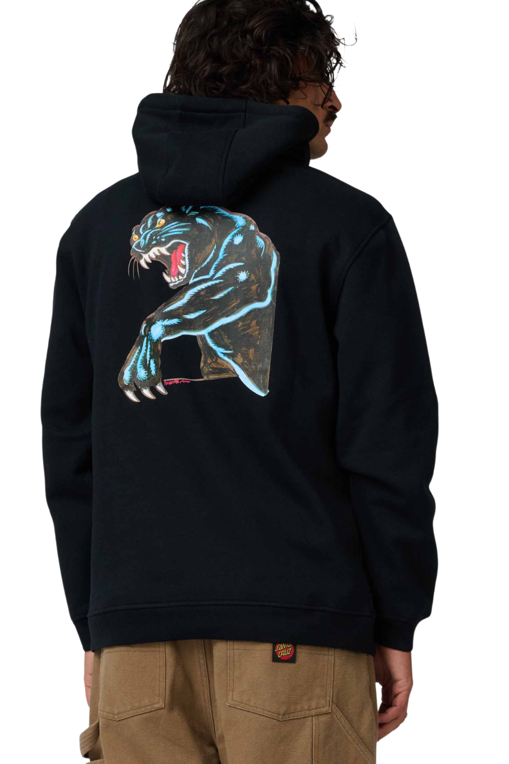 Person wearing a black hoodie with a panther graphic on the back