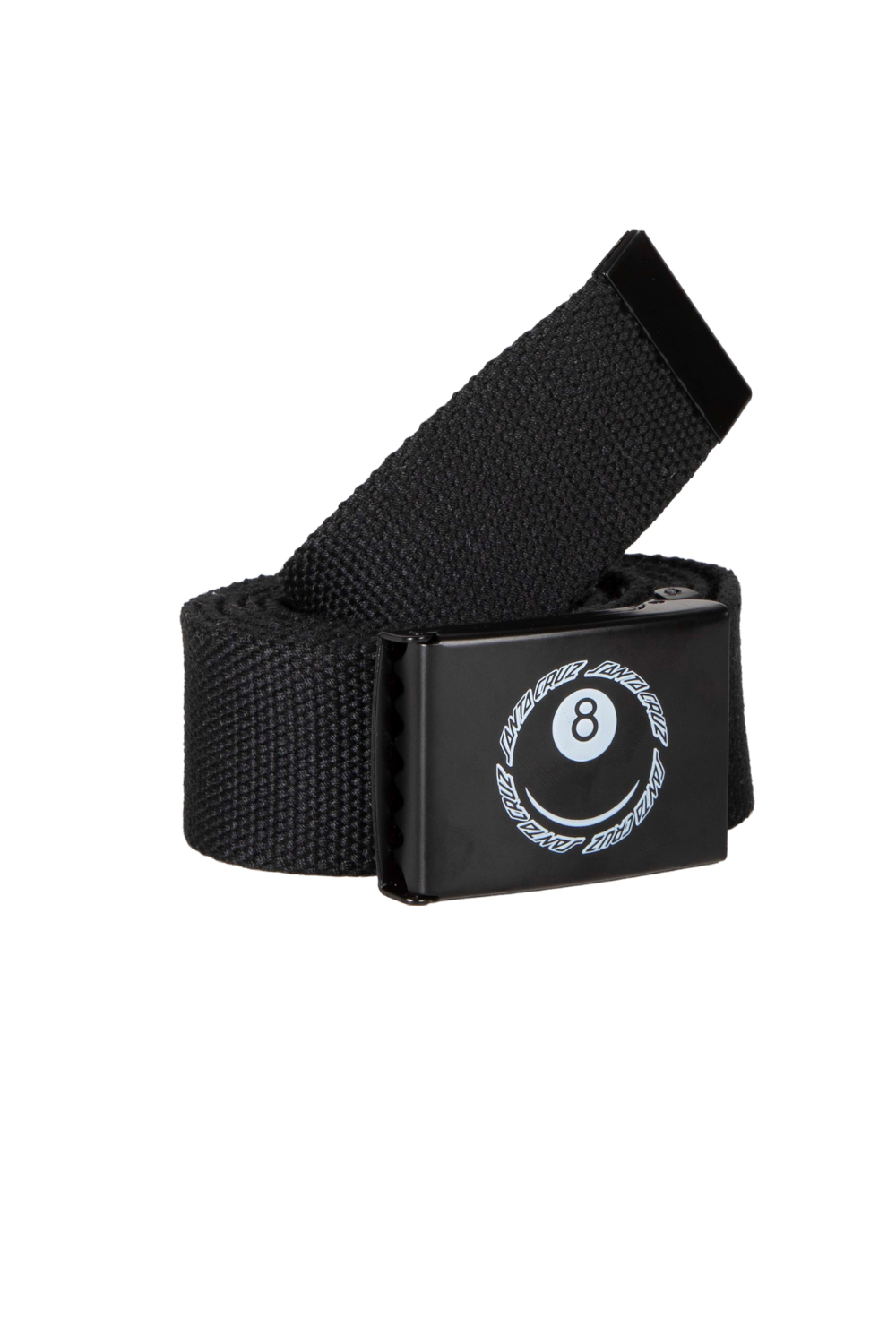 A black woven nylon belt with a square black buckle featuring a white 8-ball design surrounded by the text 'Santa Cruz'.