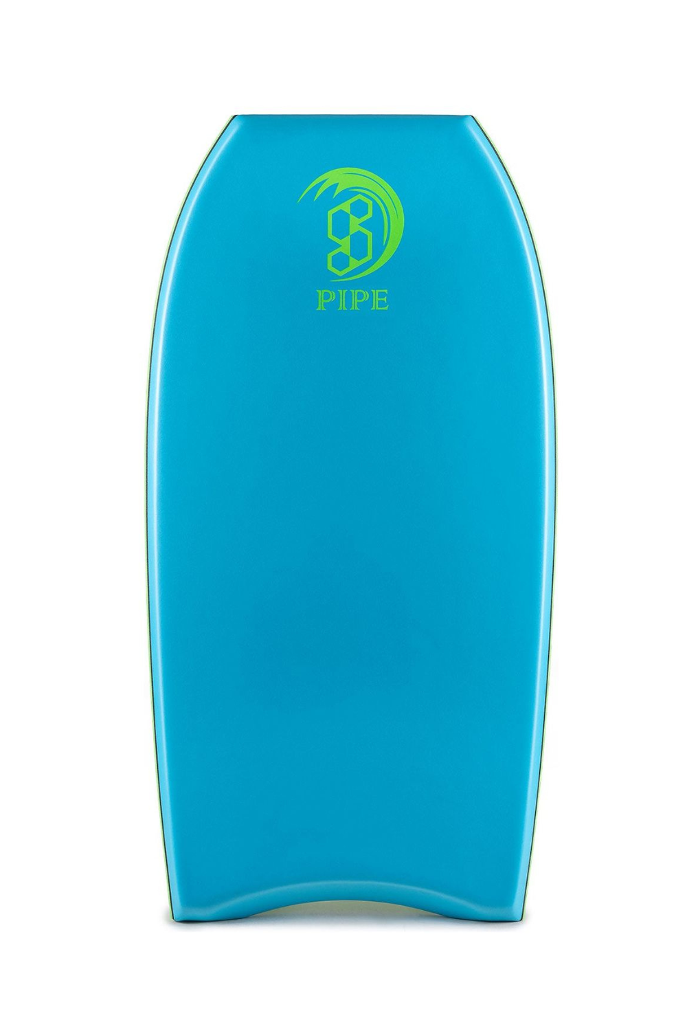 A bright blue Science Pipe bodyboard with a lime green logo printed on the nose, shown against a plain white background.