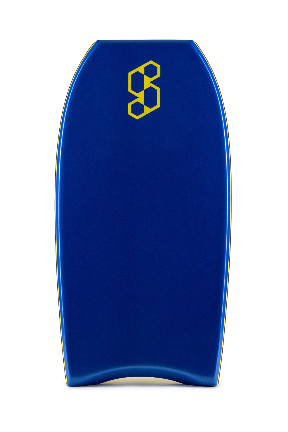 Blue bodyboard with a yellow logo 