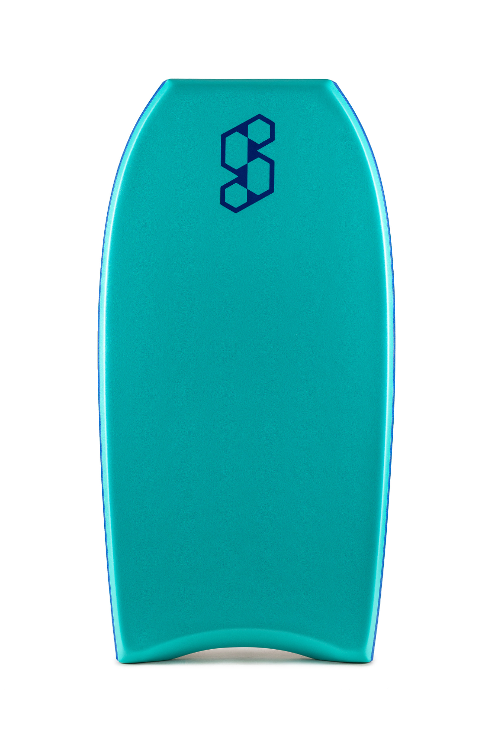 Turquiose bodyboard with a dark blue logo