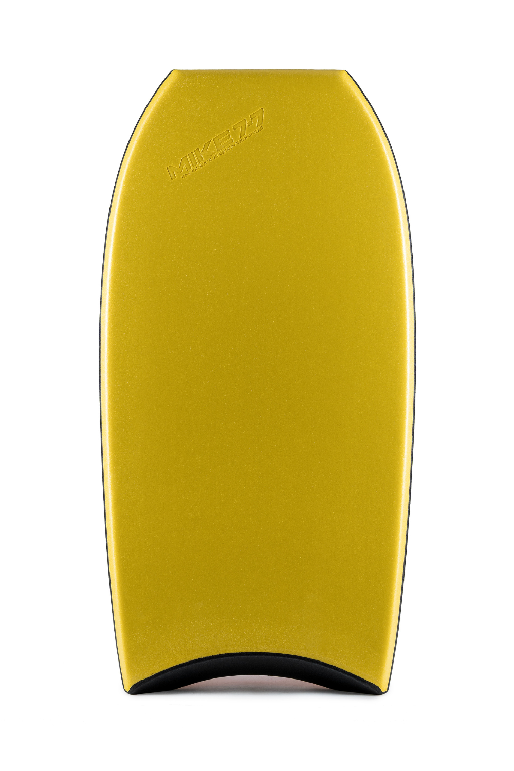Yellow bodyboard with black edges on a white background
